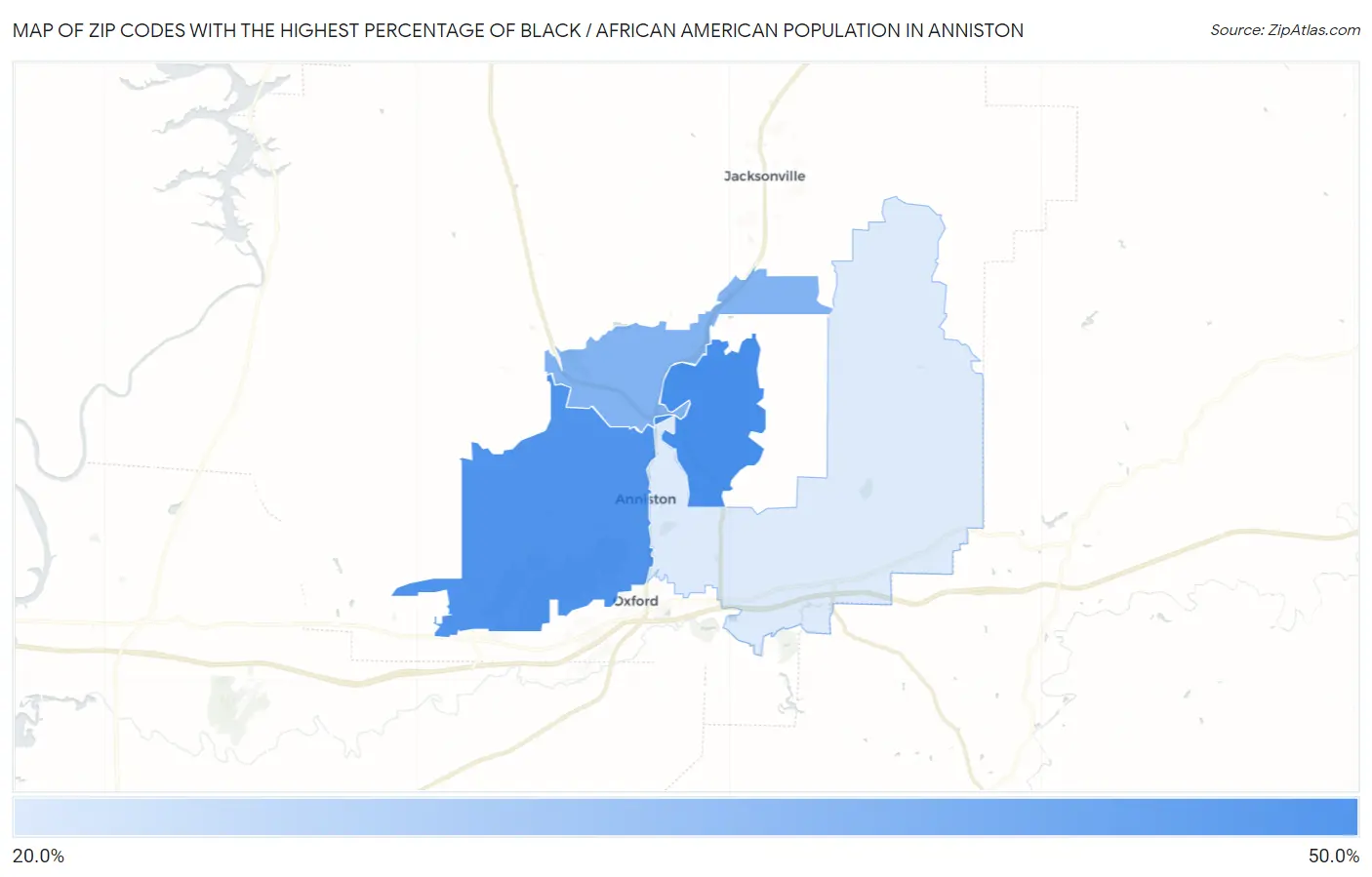 Zip Codes with the Highest Percentage of Black / African American Population in Anniston Map