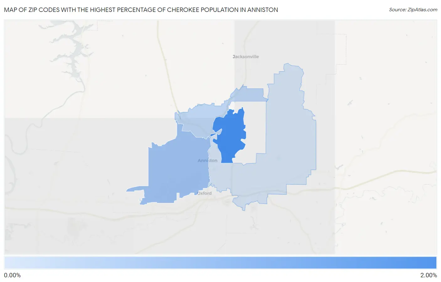Zip Codes with the Highest Percentage of Cherokee Population in Anniston Map