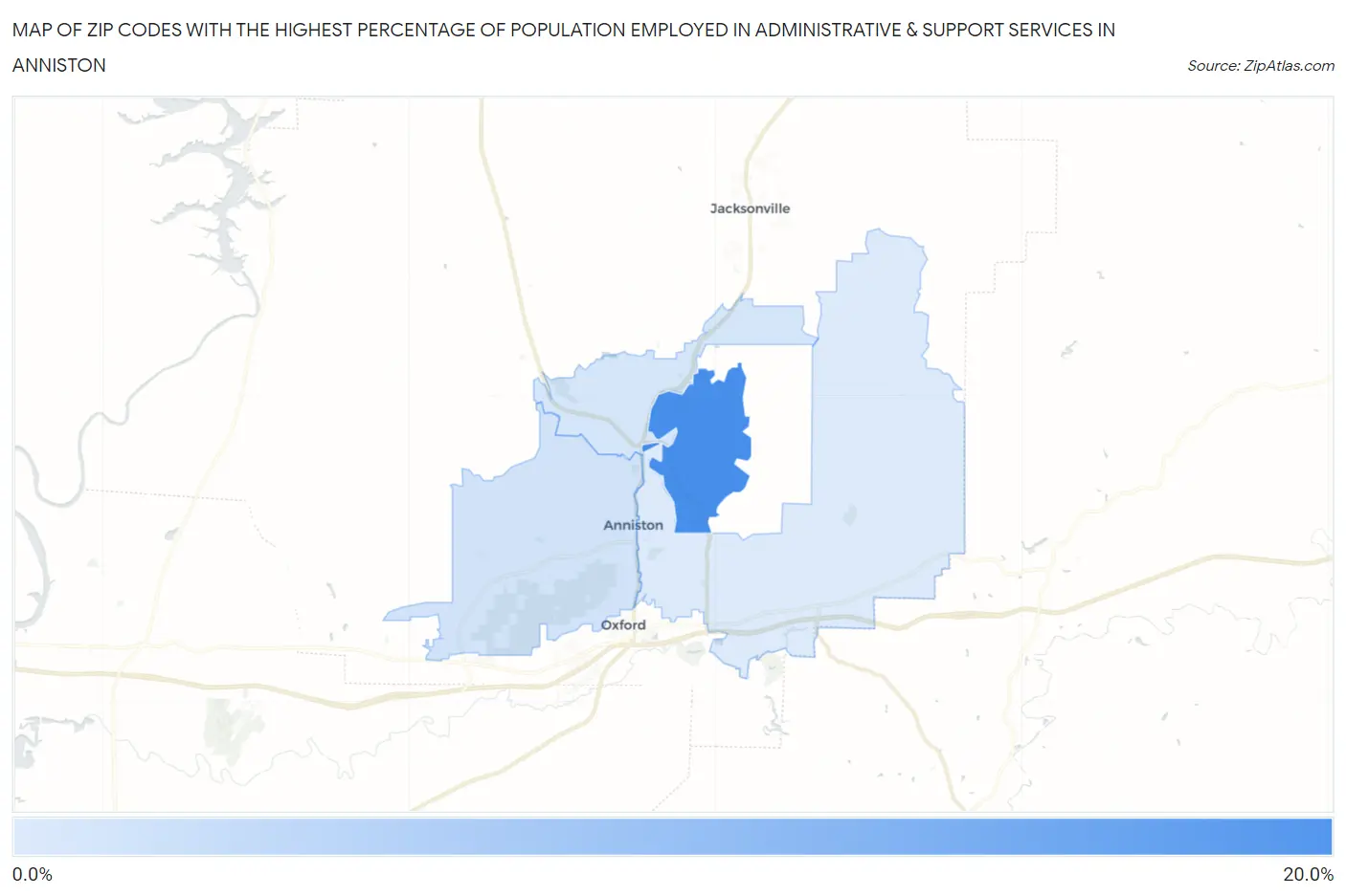 Zip Codes with the Highest Percentage of Population Employed in Administrative & Support Services in Anniston Map