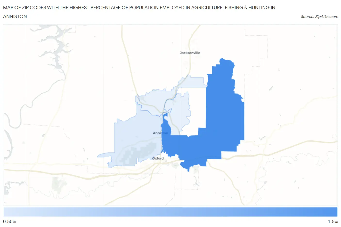 Zip Codes with the Highest Percentage of Population Employed in Agriculture, Fishing & Hunting in Anniston Map