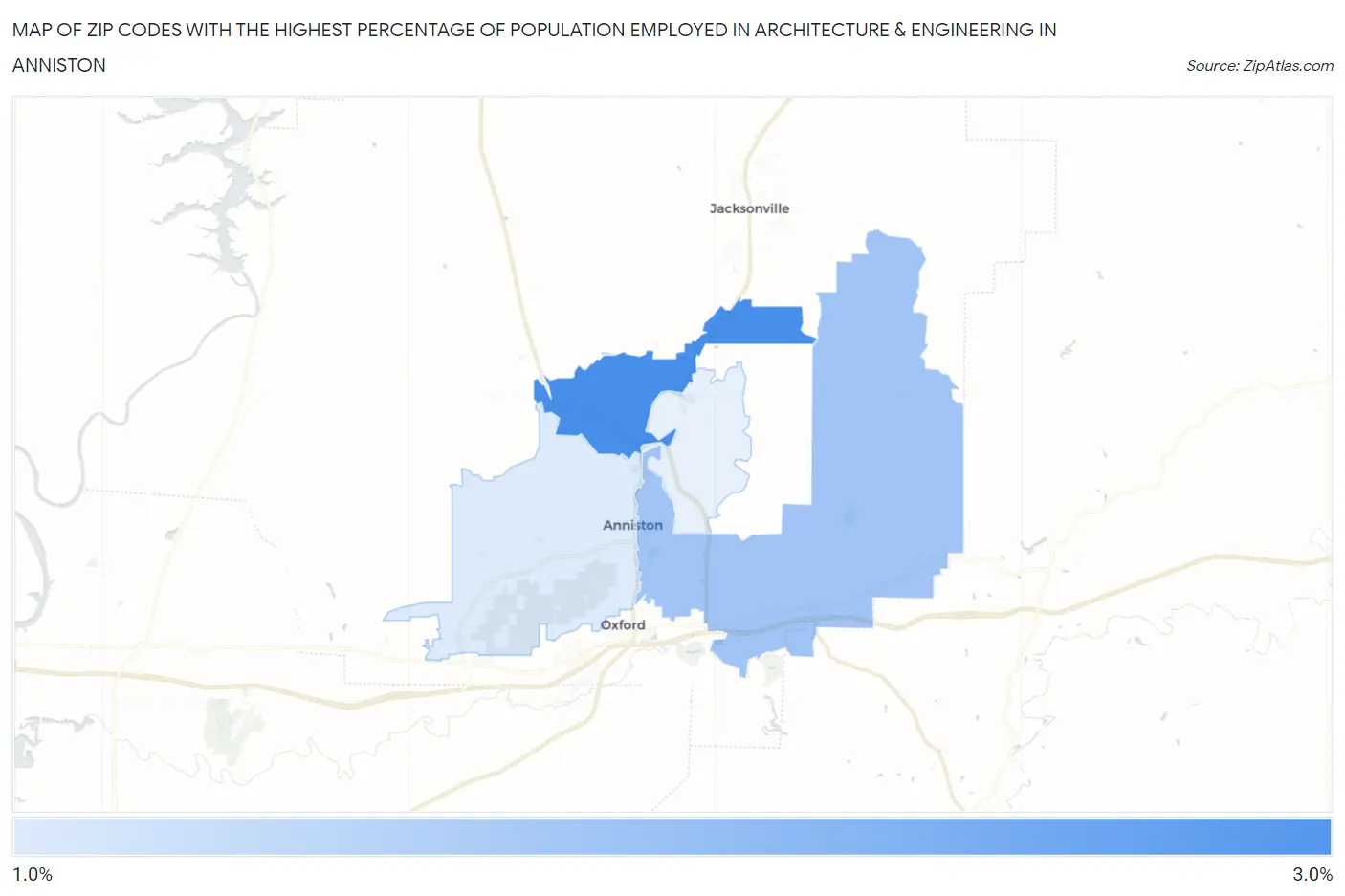 Zip Codes with the Highest Percentage of Population Employed in Architecture & Engineering in Anniston Map