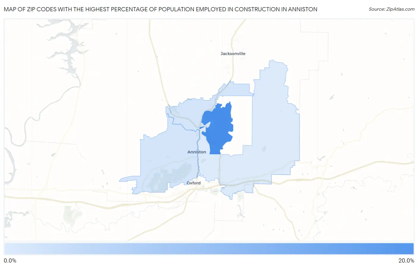 Zip Codes with the Highest Percentage of Population Employed in Construction in Anniston Map