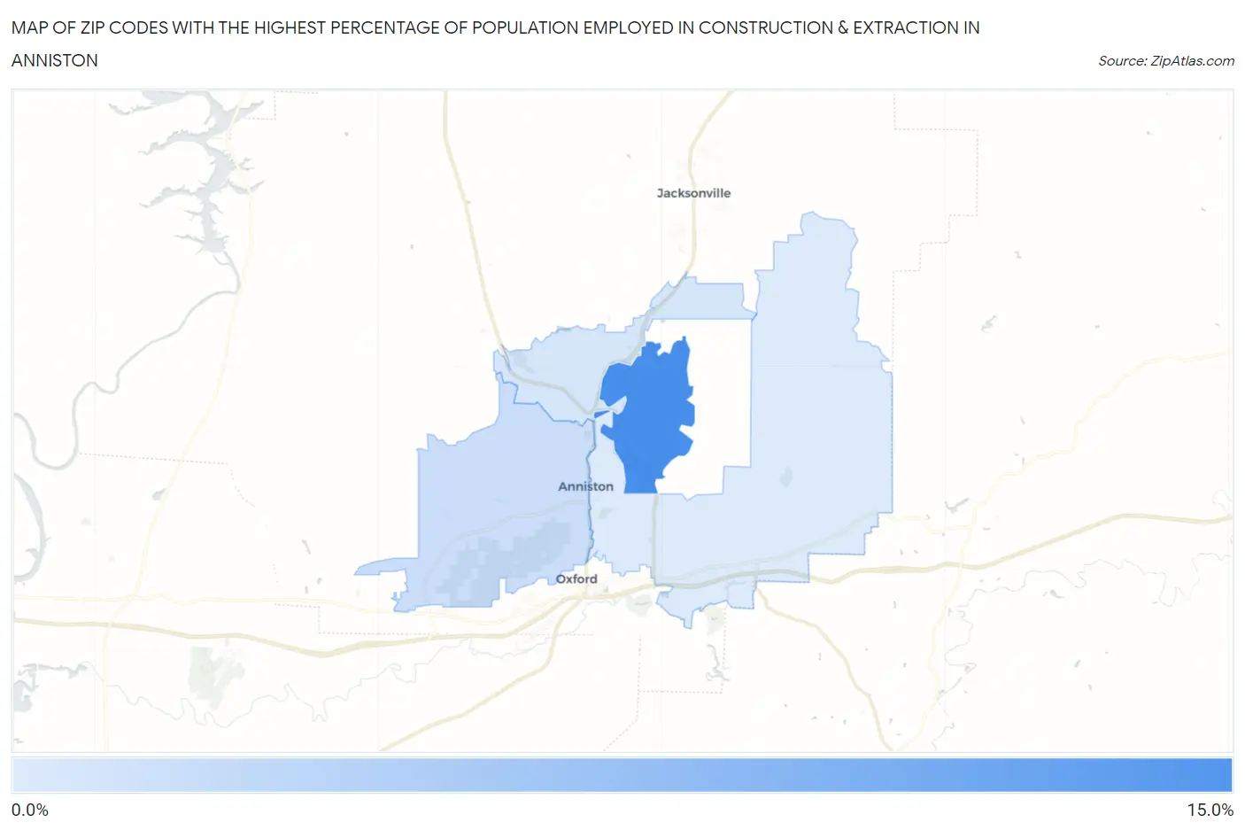 Zip Codes with the Highest Percentage of Population Employed in Construction & Extraction in Anniston Map
