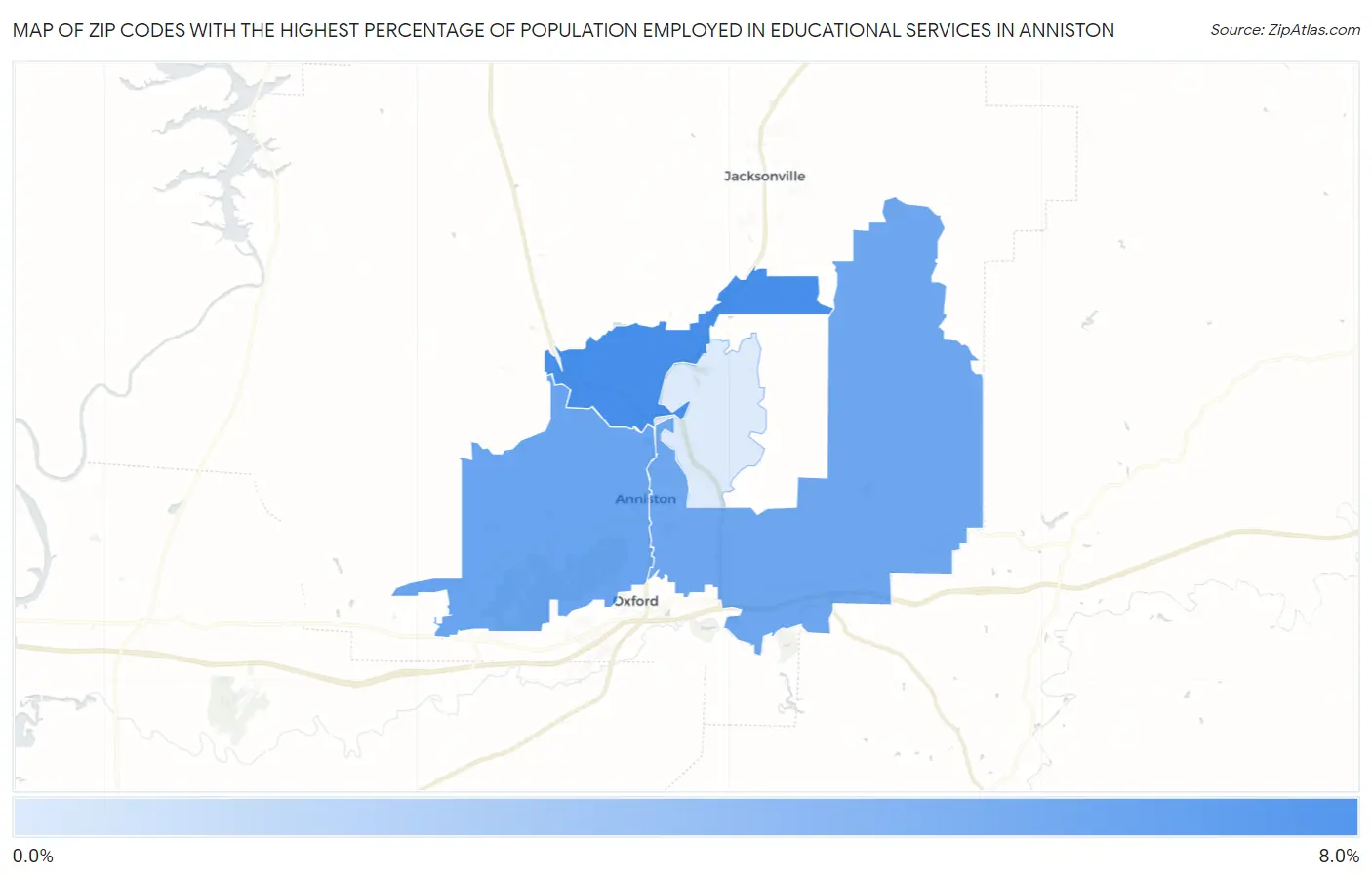 Zip Codes with the Highest Percentage of Population Employed in Educational Services in Anniston Map