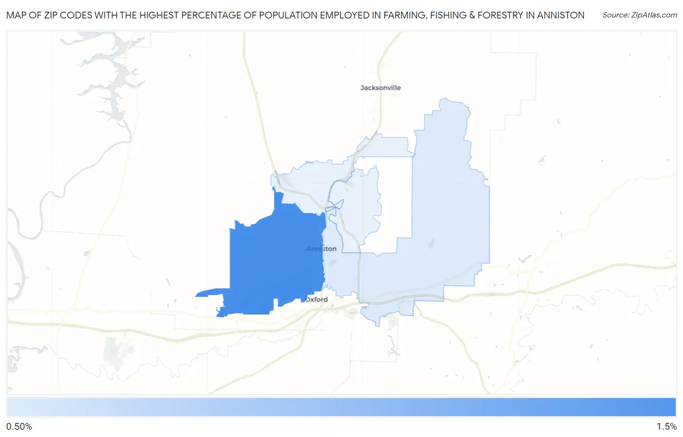 Zip Codes with the Highest Percentage of Population Employed in Farming, Fishing & Forestry in Anniston Map