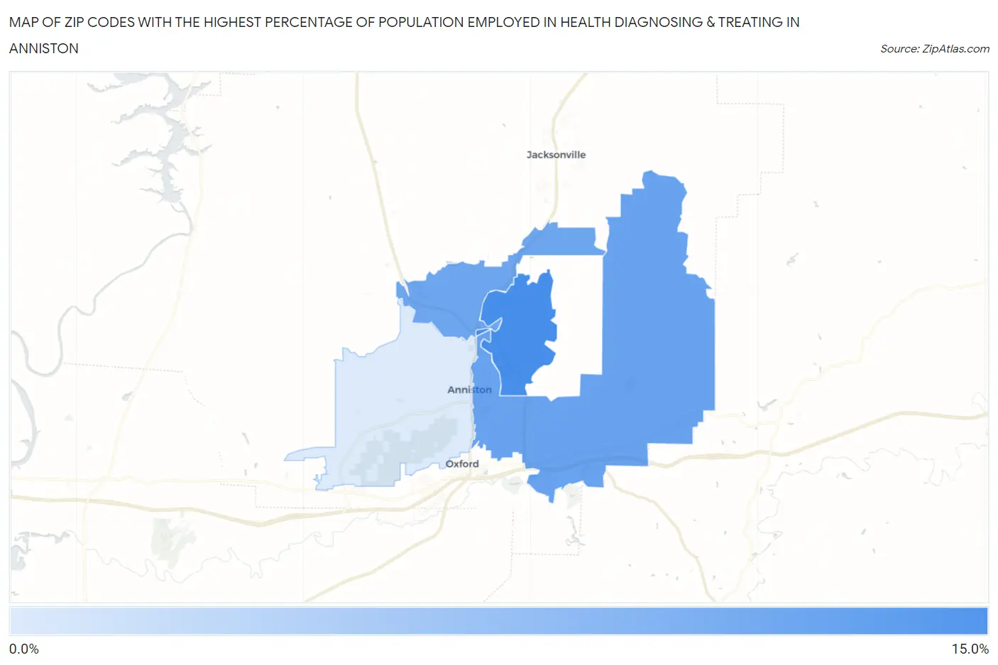 Zip Codes with the Highest Percentage of Population Employed in Health Diagnosing & Treating in Anniston Map