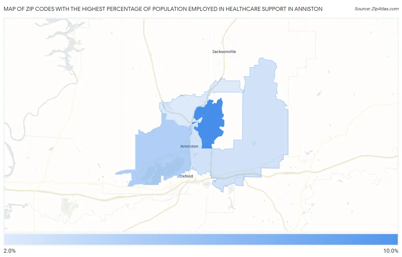 Zip Codes with the Highest Percentage of Population Employed in Healthcare Support in Anniston Map