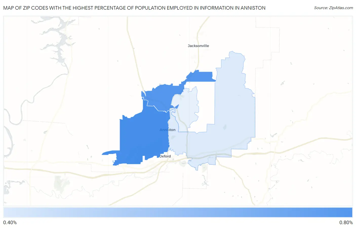 Zip Codes with the Highest Percentage of Population Employed in Information in Anniston Map