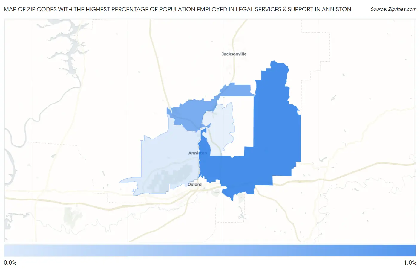 Zip Codes with the Highest Percentage of Population Employed in Legal Services & Support in Anniston Map