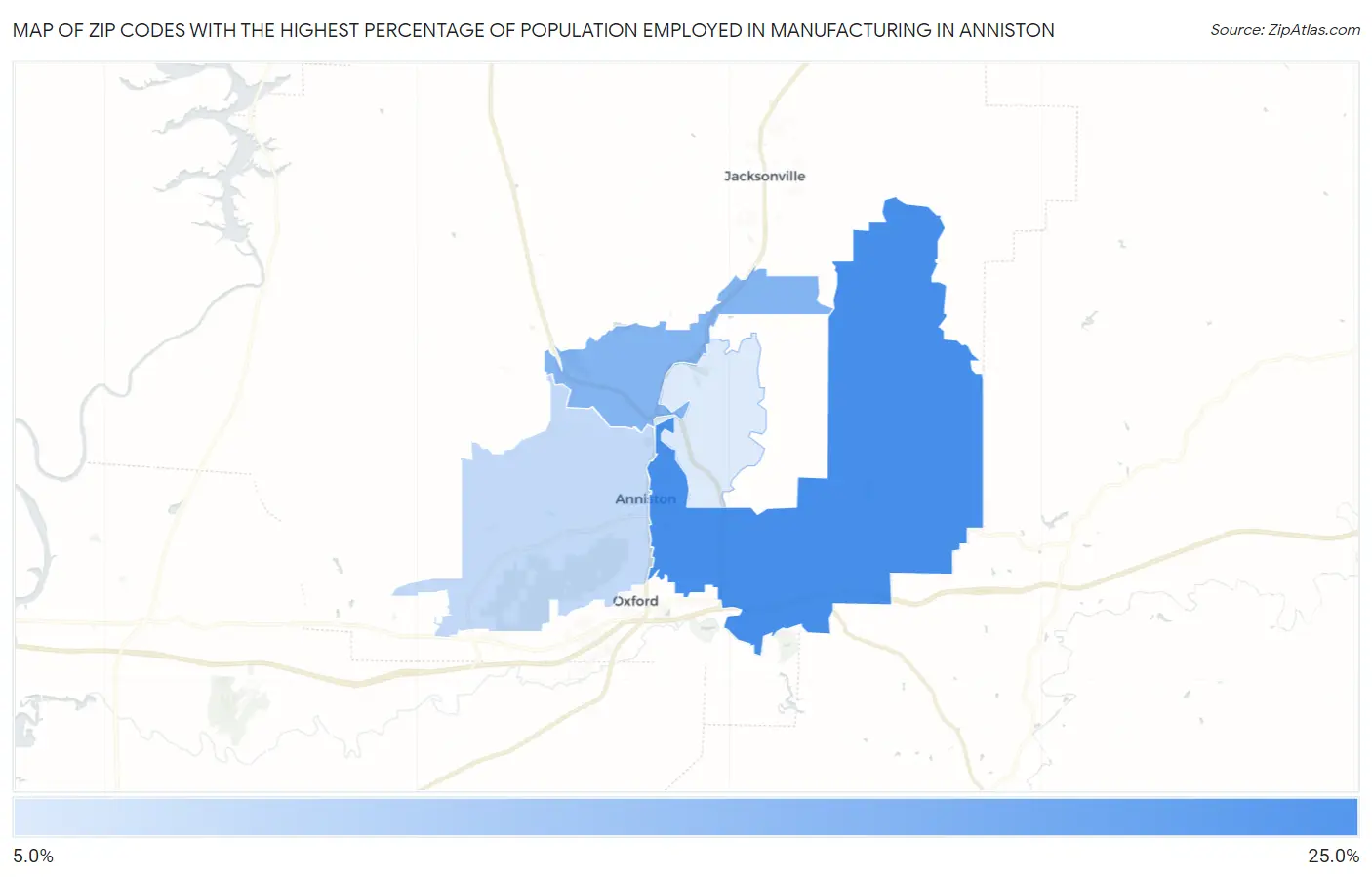 Zip Codes with the Highest Percentage of Population Employed in Manufacturing in Anniston Map