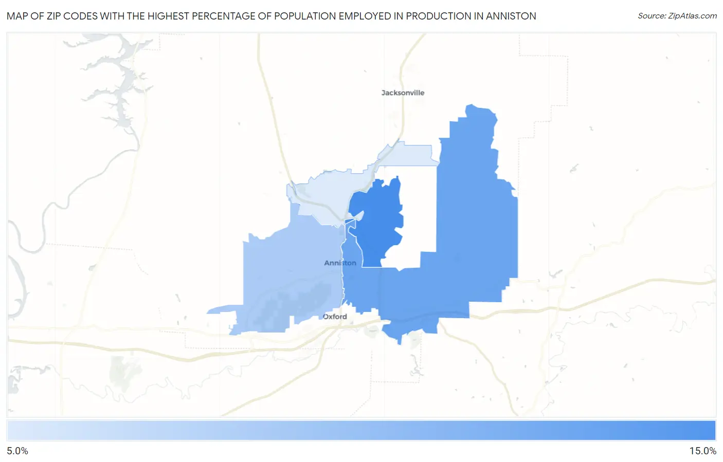Zip Codes with the Highest Percentage of Population Employed in Production in Anniston Map