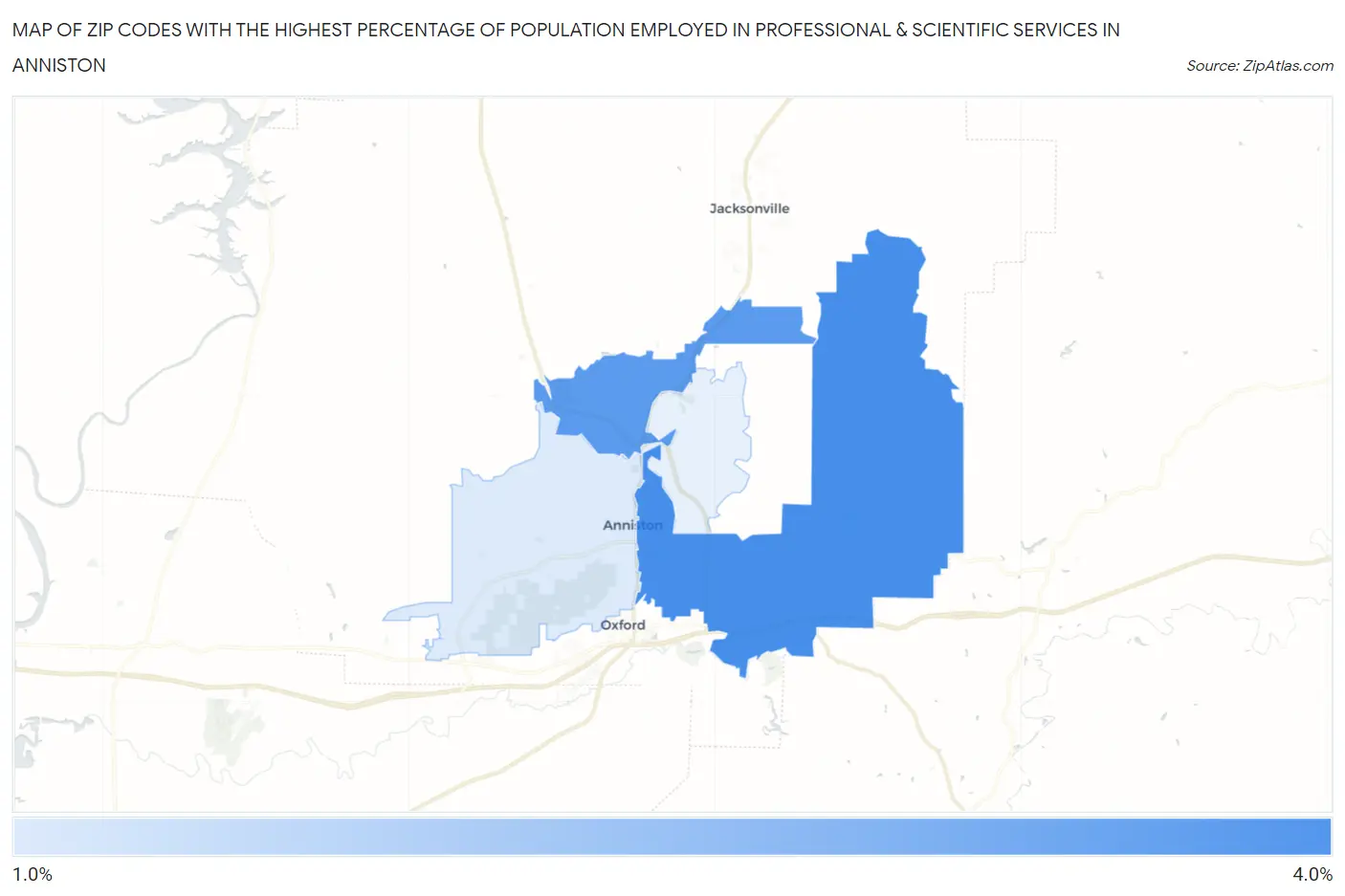 Zip Codes with the Highest Percentage of Population Employed in Professional & Scientific Services in Anniston Map