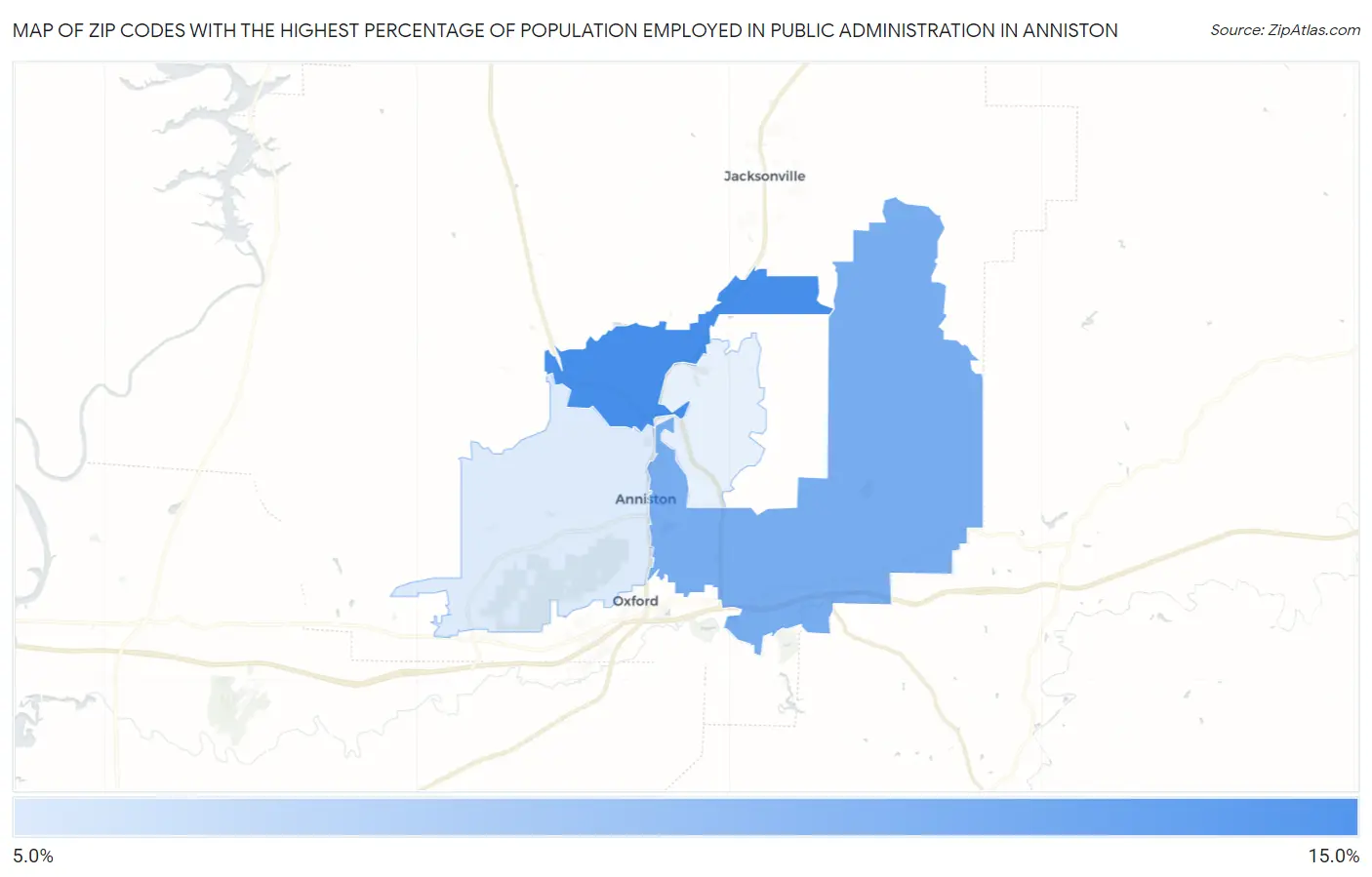 Zip Codes with the Highest Percentage of Population Employed in Public Administration in Anniston Map
