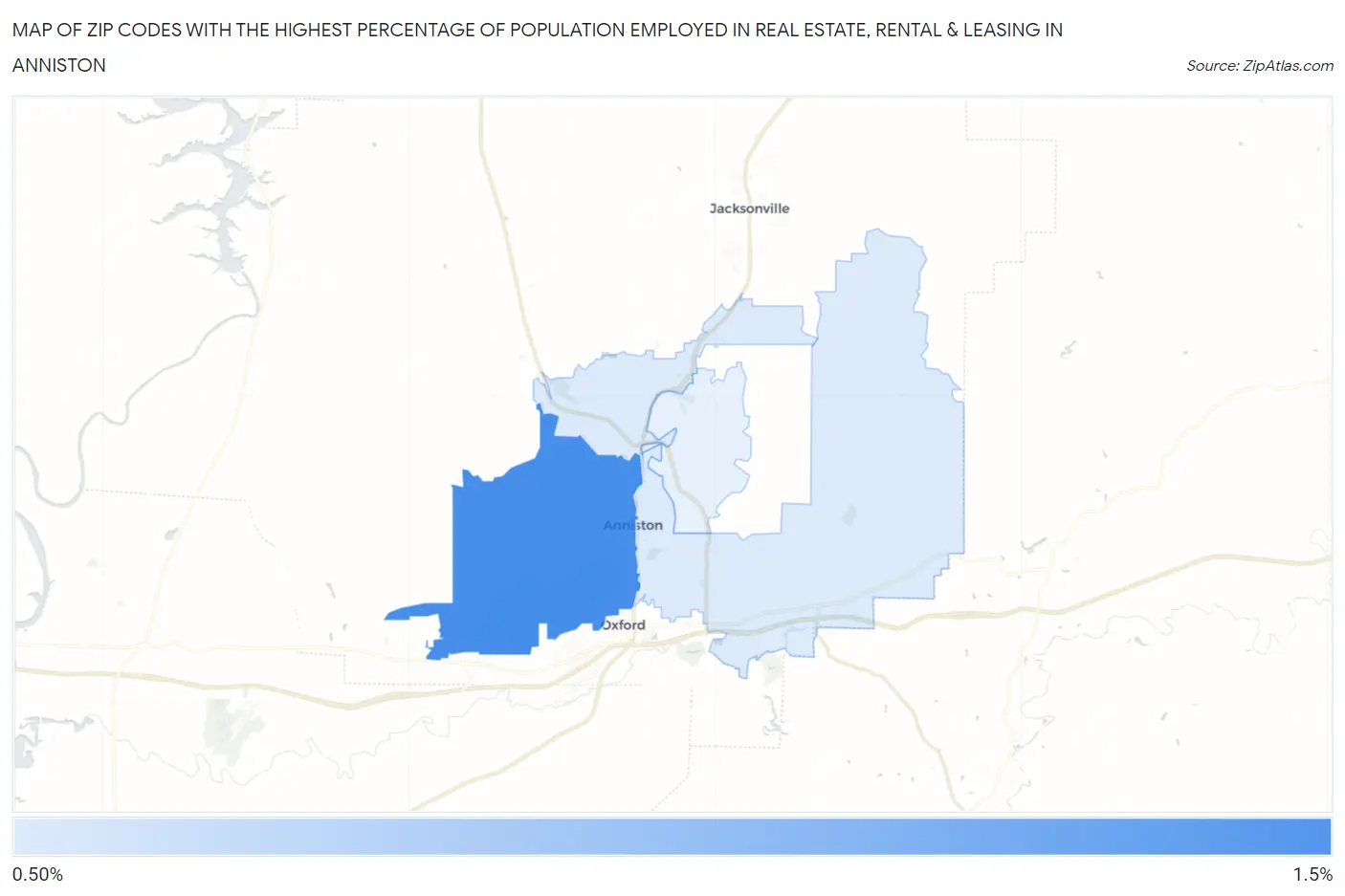 Zip Codes with the Highest Percentage of Population Employed in Real Estate, Rental & Leasing in Anniston Map