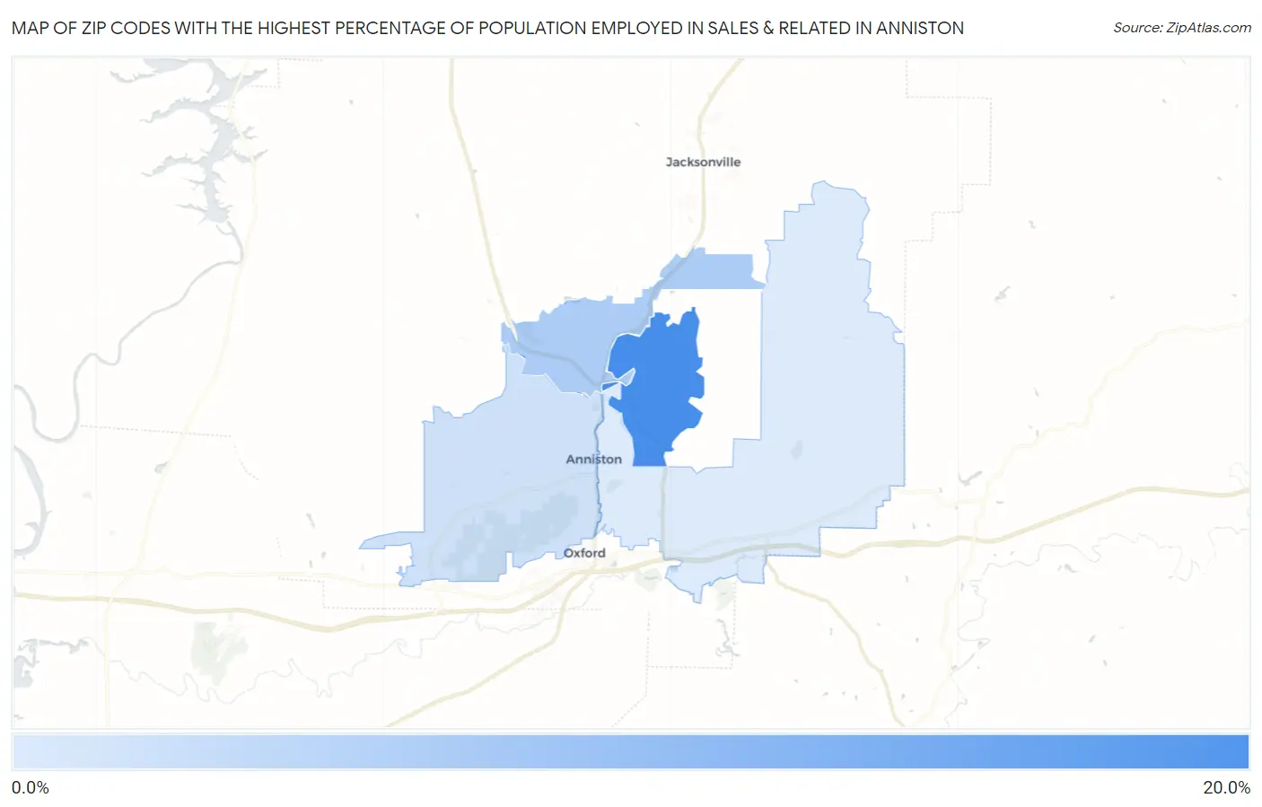Zip Codes with the Highest Percentage of Population Employed in Sales & Related in Anniston Map