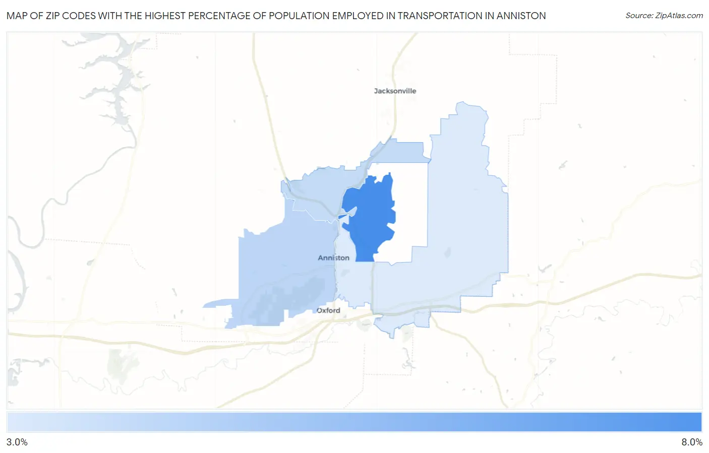Zip Codes with the Highest Percentage of Population Employed in Transportation in Anniston Map