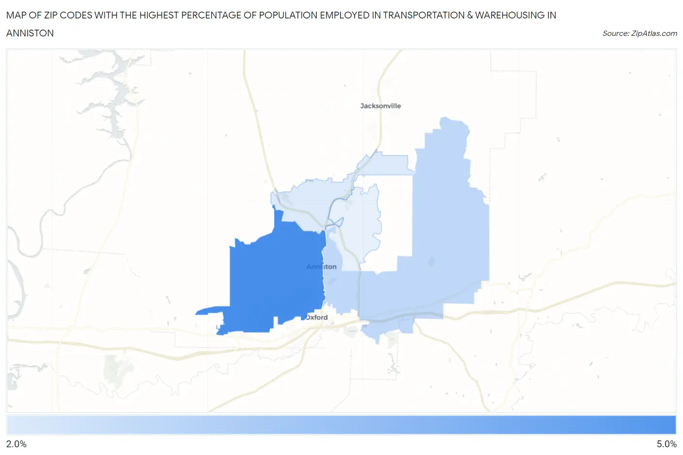 Zip Codes with the Highest Percentage of Population Employed in Transportation & Warehousing in Anniston Map