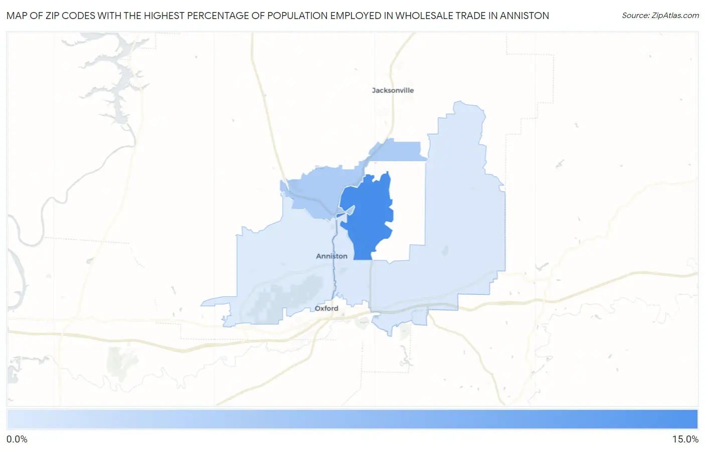 Zip Codes with the Highest Percentage of Population Employed in Wholesale Trade in Anniston Map