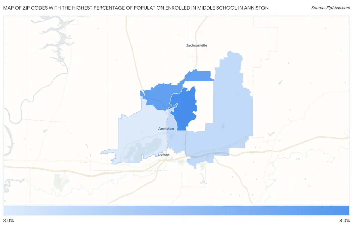 Zip Codes with the Highest Percentage of Population Enrolled in Middle School in Anniston Map