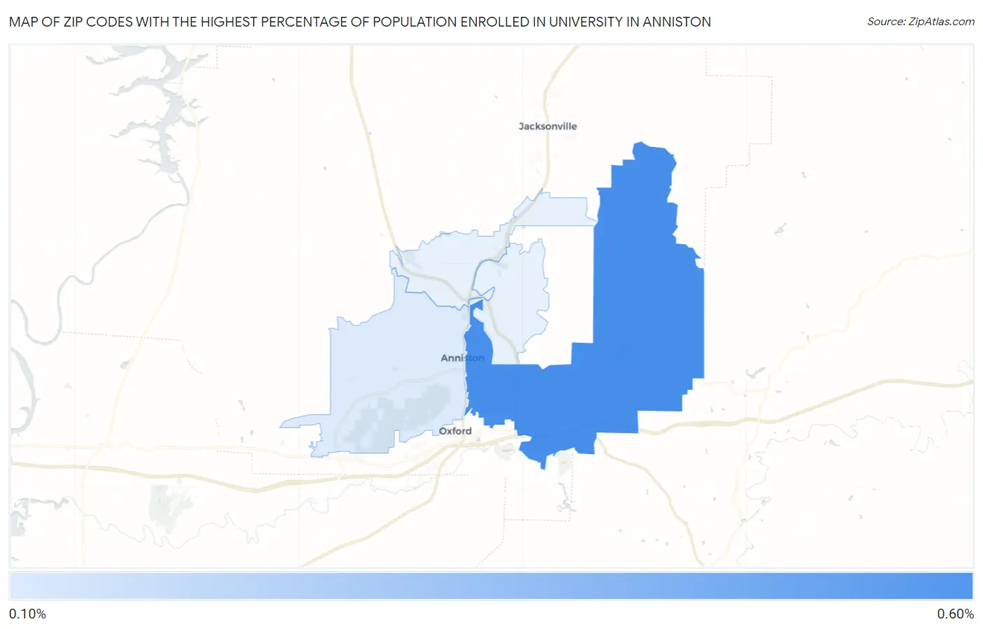 Zip Codes with the Highest Percentage of Population Enrolled in University in Anniston Map