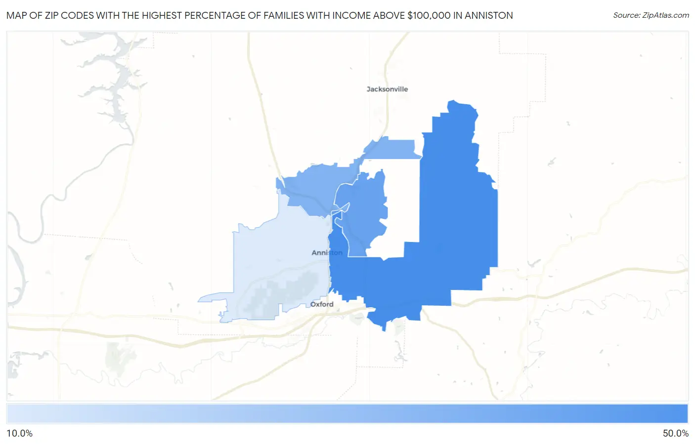 Zip Codes with the Highest Percentage of Families with Income Above $100,000 in Anniston Map