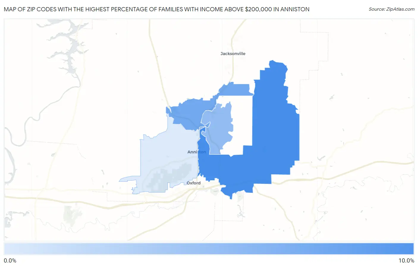 Zip Codes with the Highest Percentage of Families with Income Above $200,000 in Anniston Map