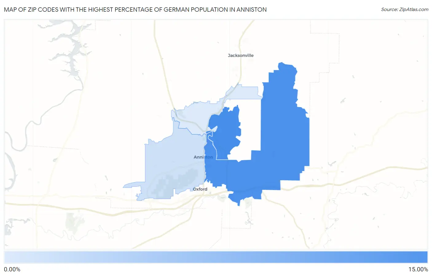 Zip Codes with the Highest Percentage of German Population in Anniston Map