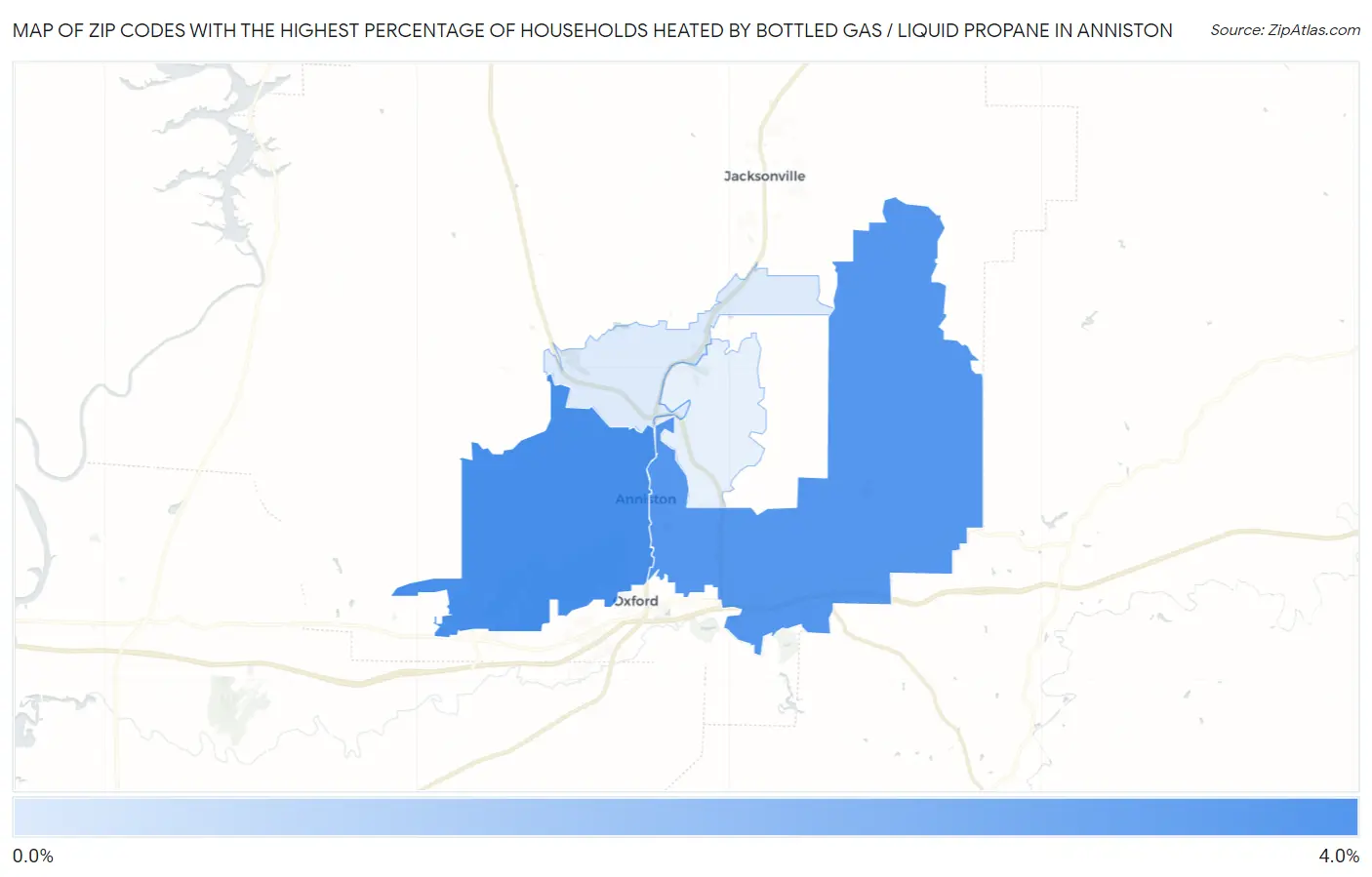 Zip Codes with the Highest Percentage of Households Heated by Bottled Gas / Liquid Propane in Anniston Map