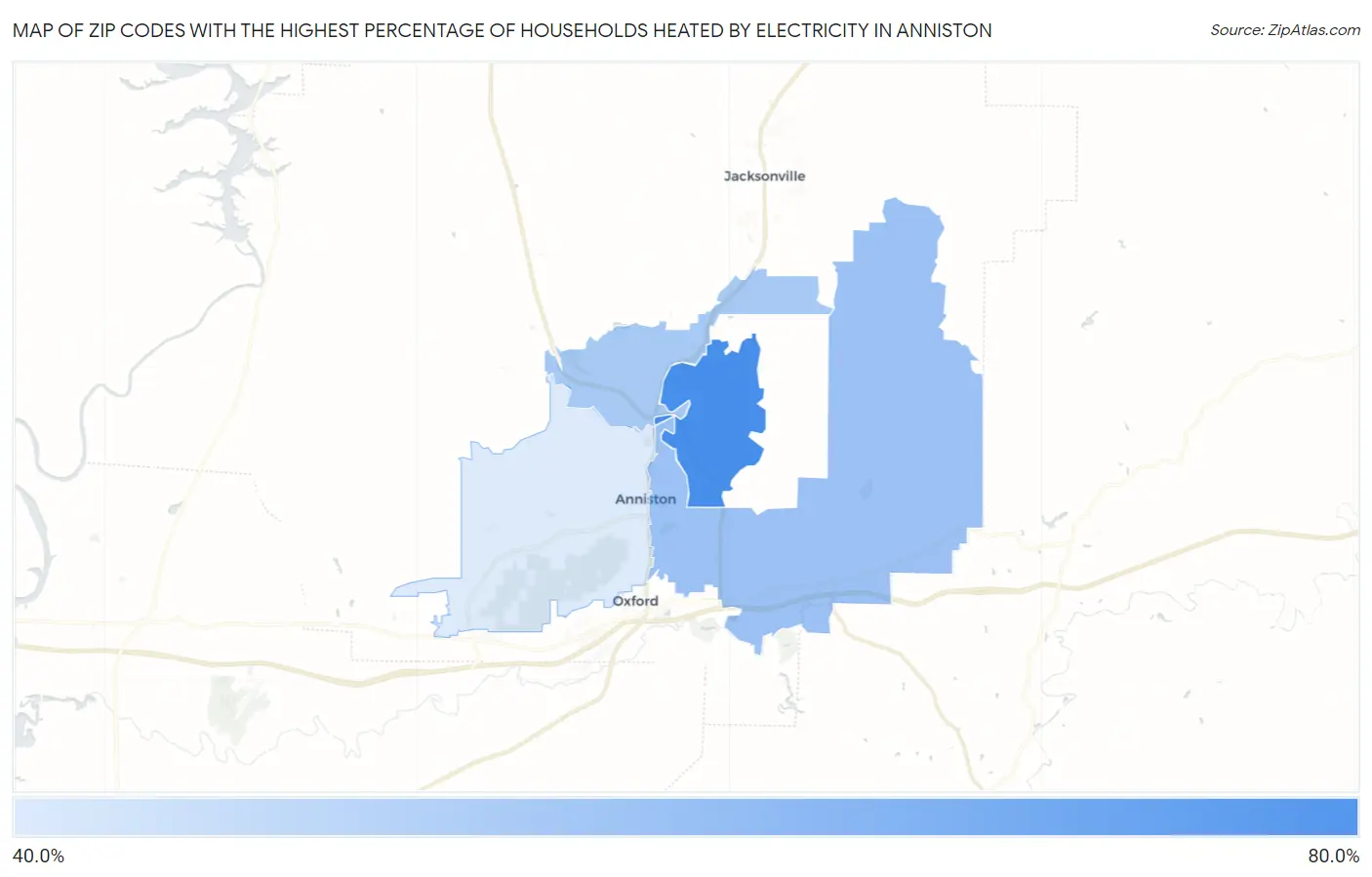 Zip Codes with the Highest Percentage of Households Heated by Electricity in Anniston Map