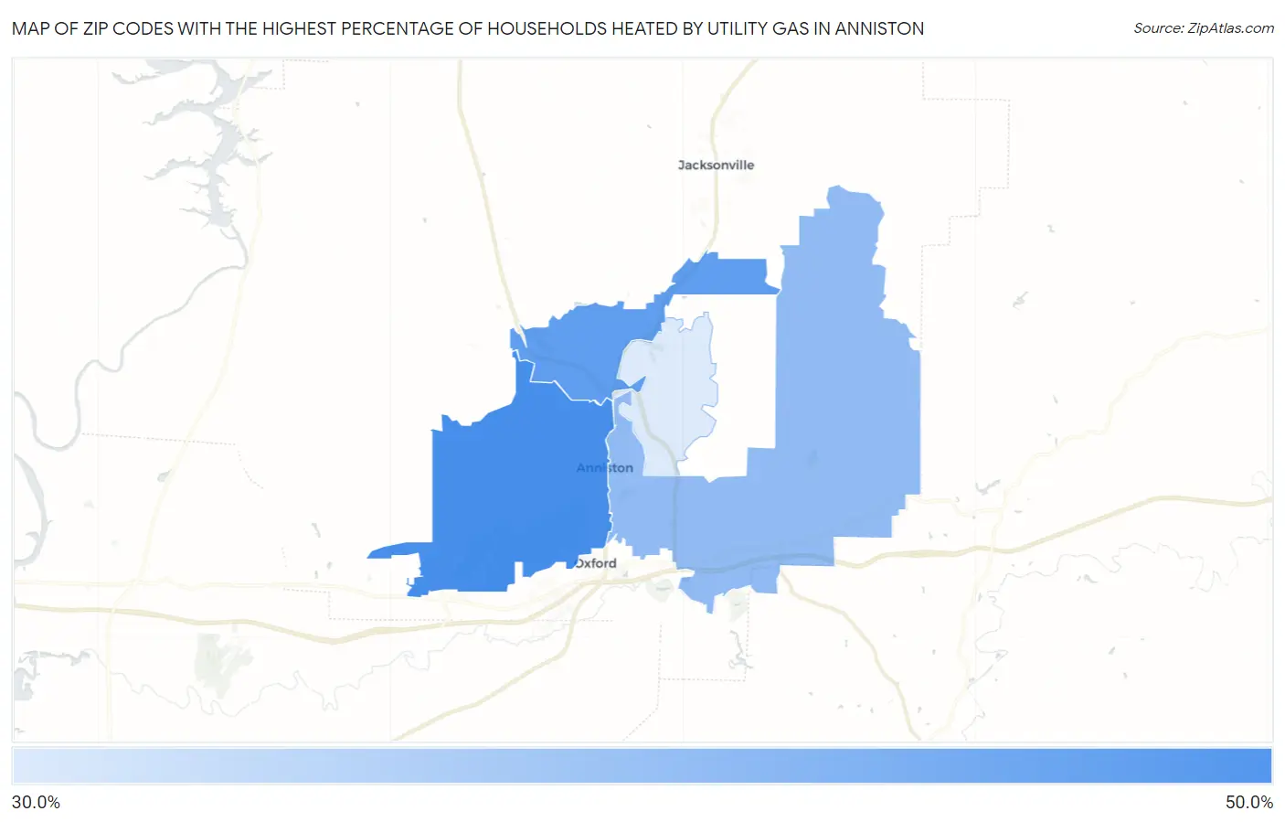 Zip Codes with the Highest Percentage of Households Heated by Utility Gas in Anniston Map