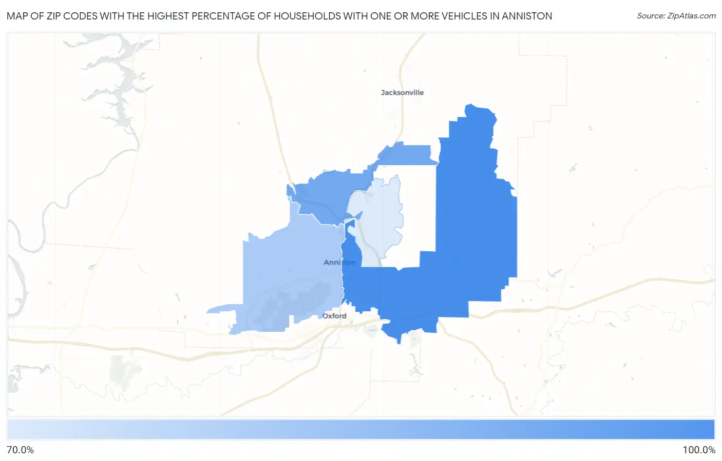 Zip Codes with the Highest Percentage of Households With One or more Vehicles in Anniston Map