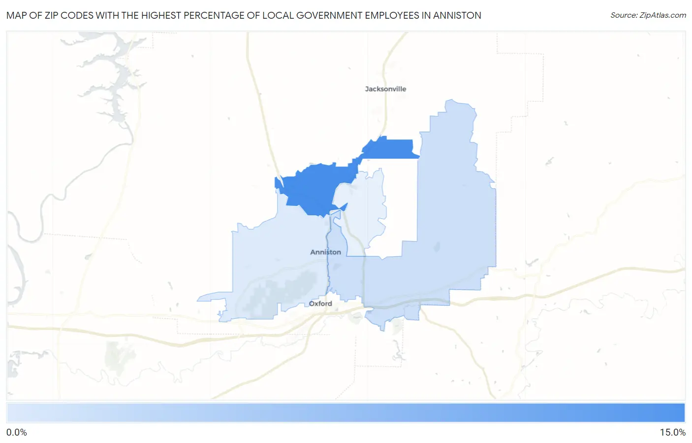Zip Codes with the Highest Percentage of Local Government Employees in Anniston Map