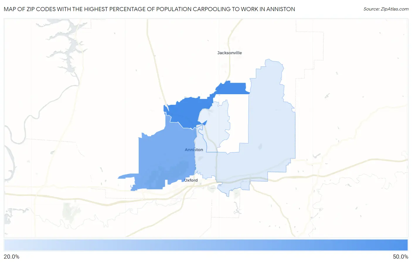Zip Codes with the Highest Percentage of Population Carpooling to Work in Anniston Map