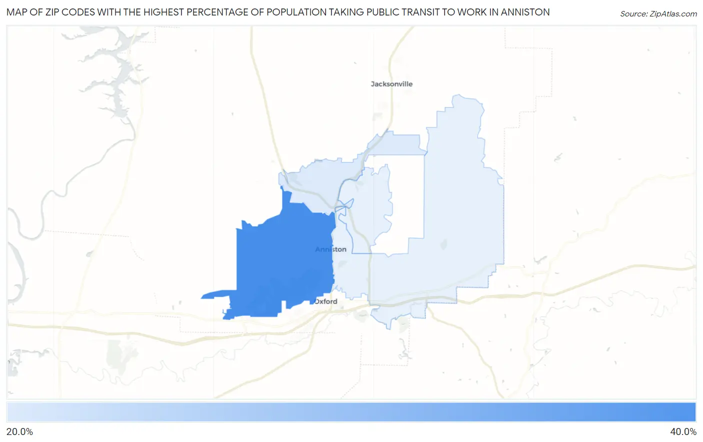 Zip Codes with the Highest Percentage of Population Taking Public Transit to Work in Anniston Map