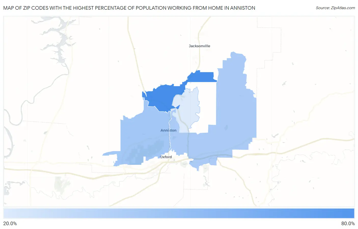 Zip Codes with the Highest Percentage of Population Working from Home in Anniston Map