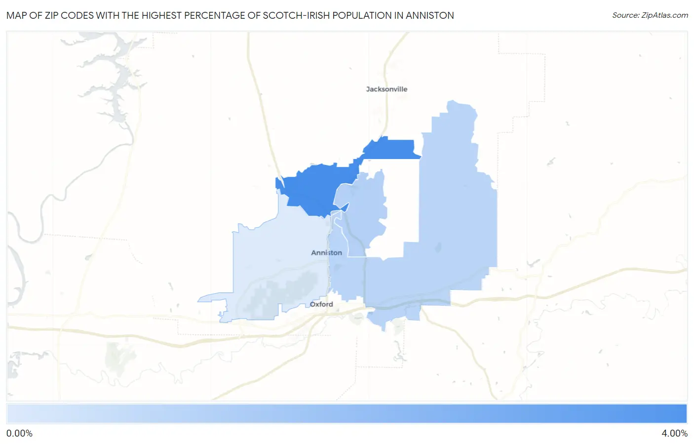 Zip Codes with the Highest Percentage of Scotch-Irish Population in Anniston Map