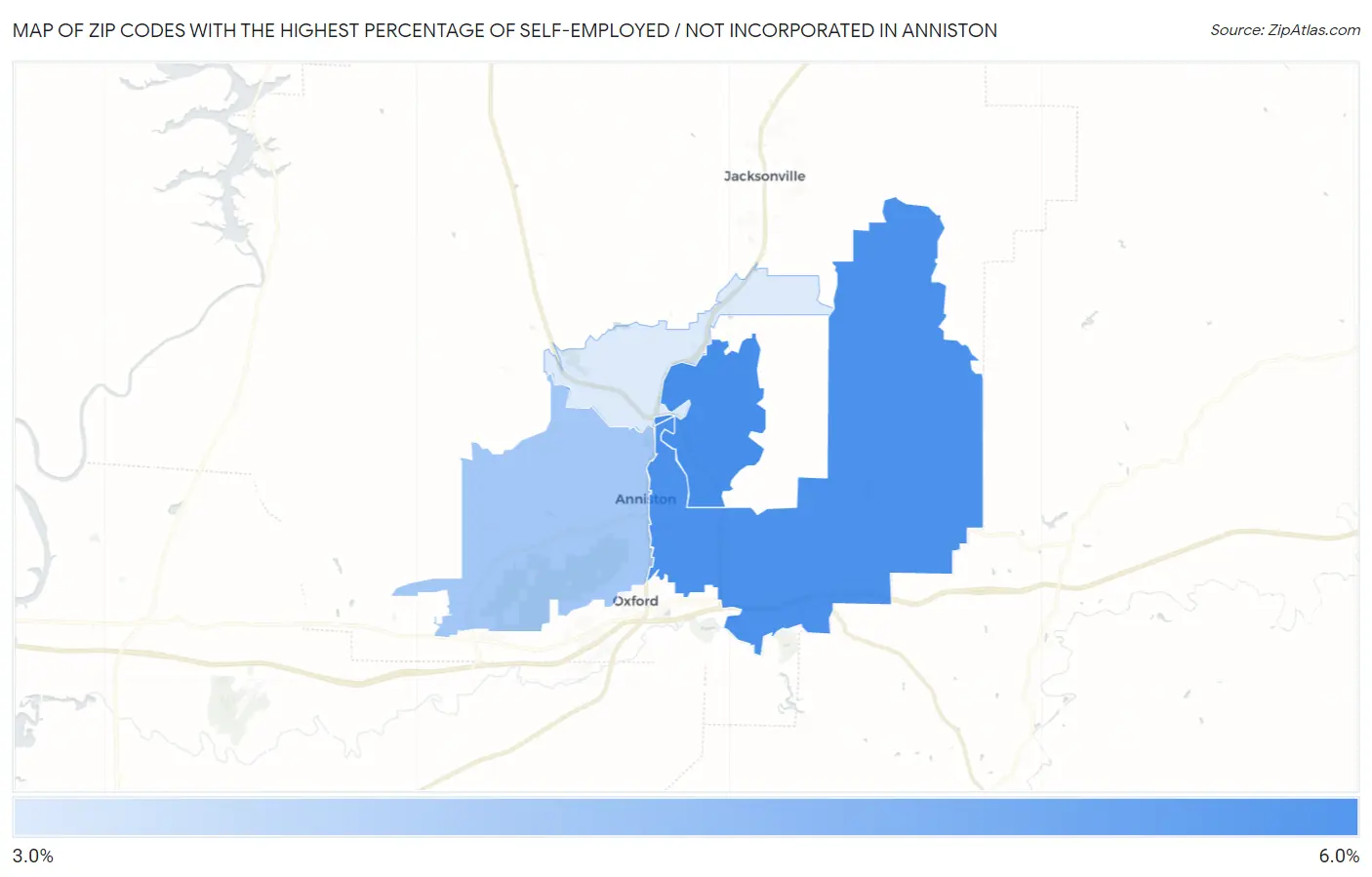 Zip Codes with the Highest Percentage of Self-Employed / Not Incorporated in Anniston Map