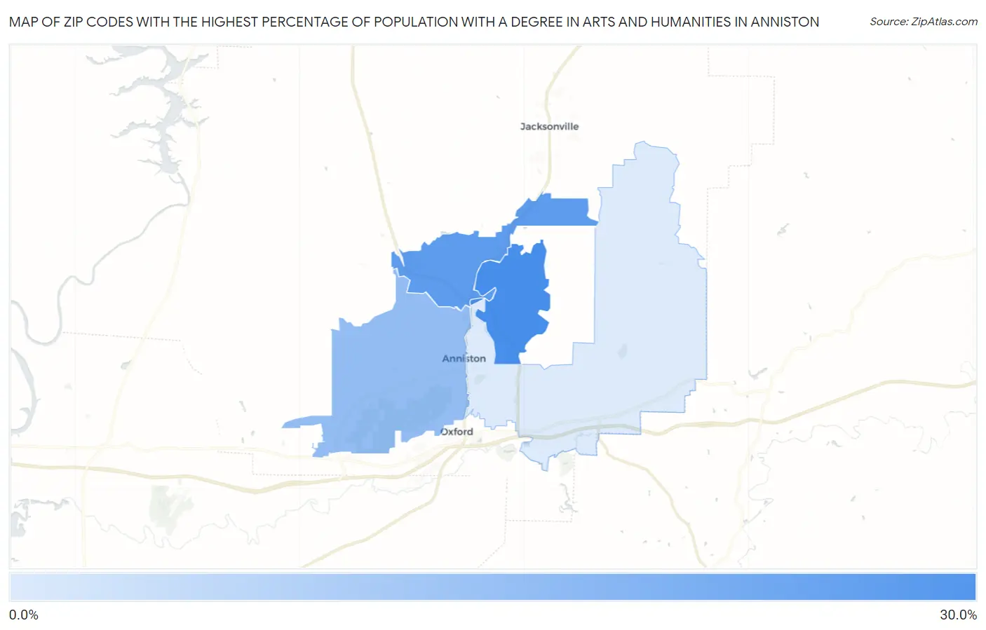Zip Codes with the Highest Percentage of Population with a Degree in Arts and Humanities in Anniston Map