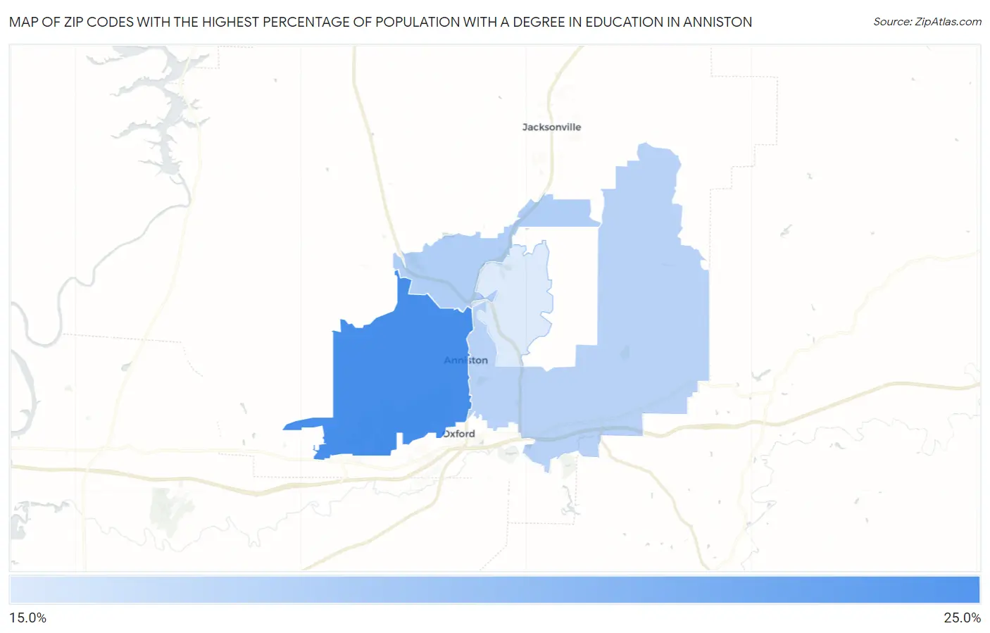 Zip Codes with the Highest Percentage of Population with a Degree in Education in Anniston Map