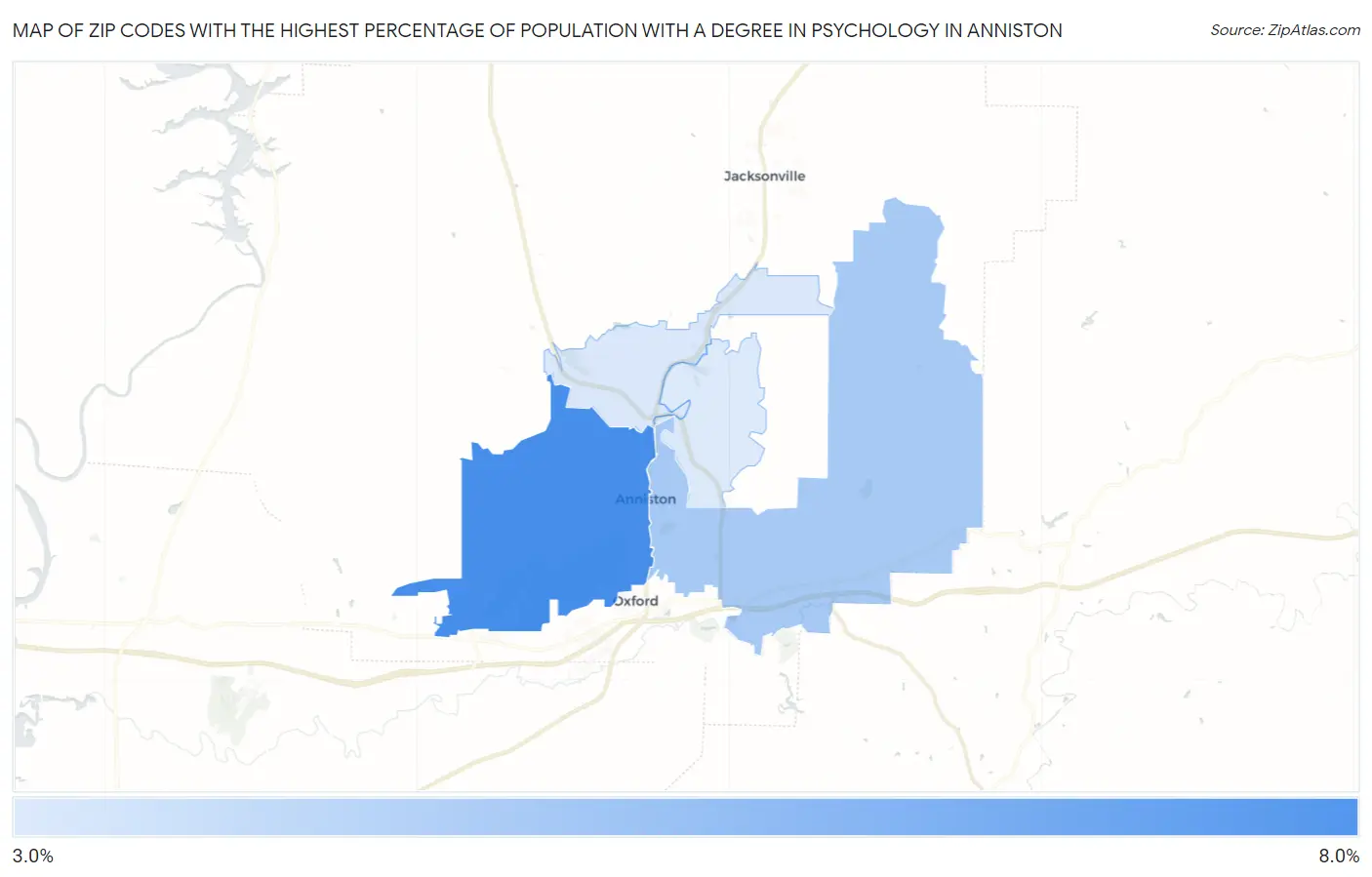Zip Codes with the Highest Percentage of Population with a Degree in Psychology in Anniston Map