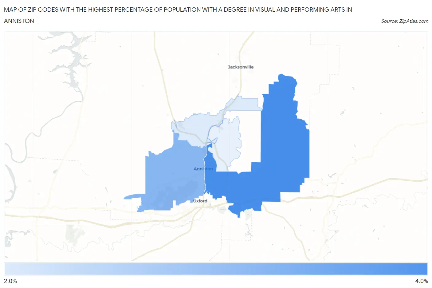 Zip Codes with the Highest Percentage of Population with a Degree in Visual and Performing Arts in Anniston Map