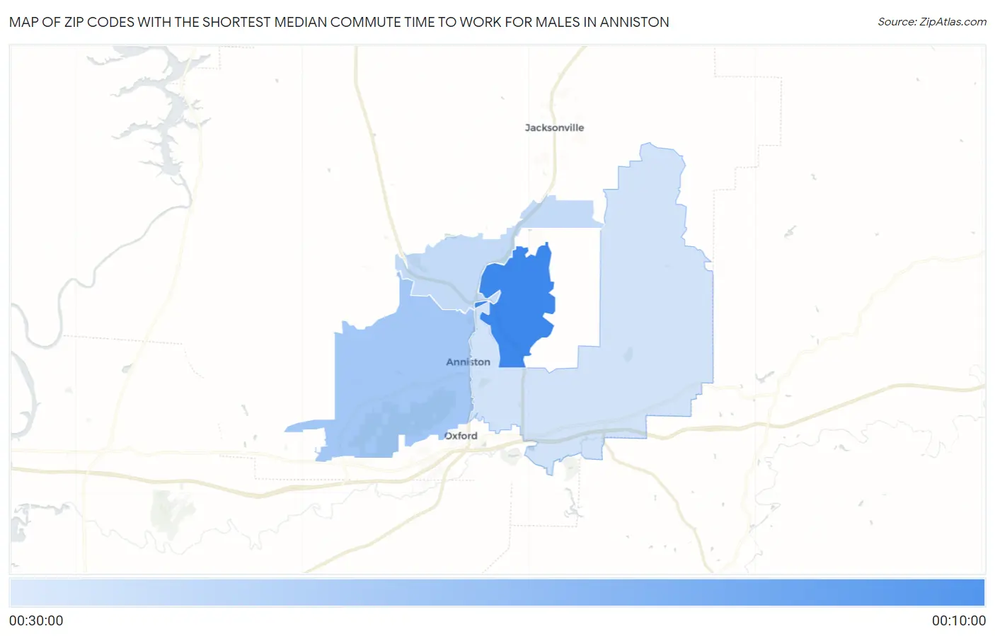 Zip Codes with the Shortest Median Commute Time to Work for Males in Anniston Map