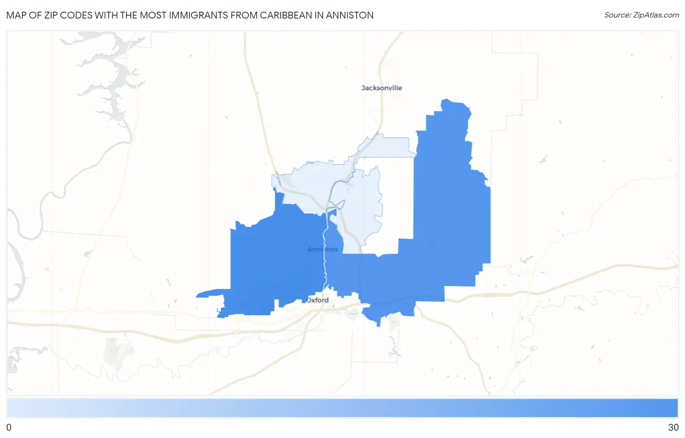 Zip Codes with the Most Immigrants from Caribbean in Anniston Map