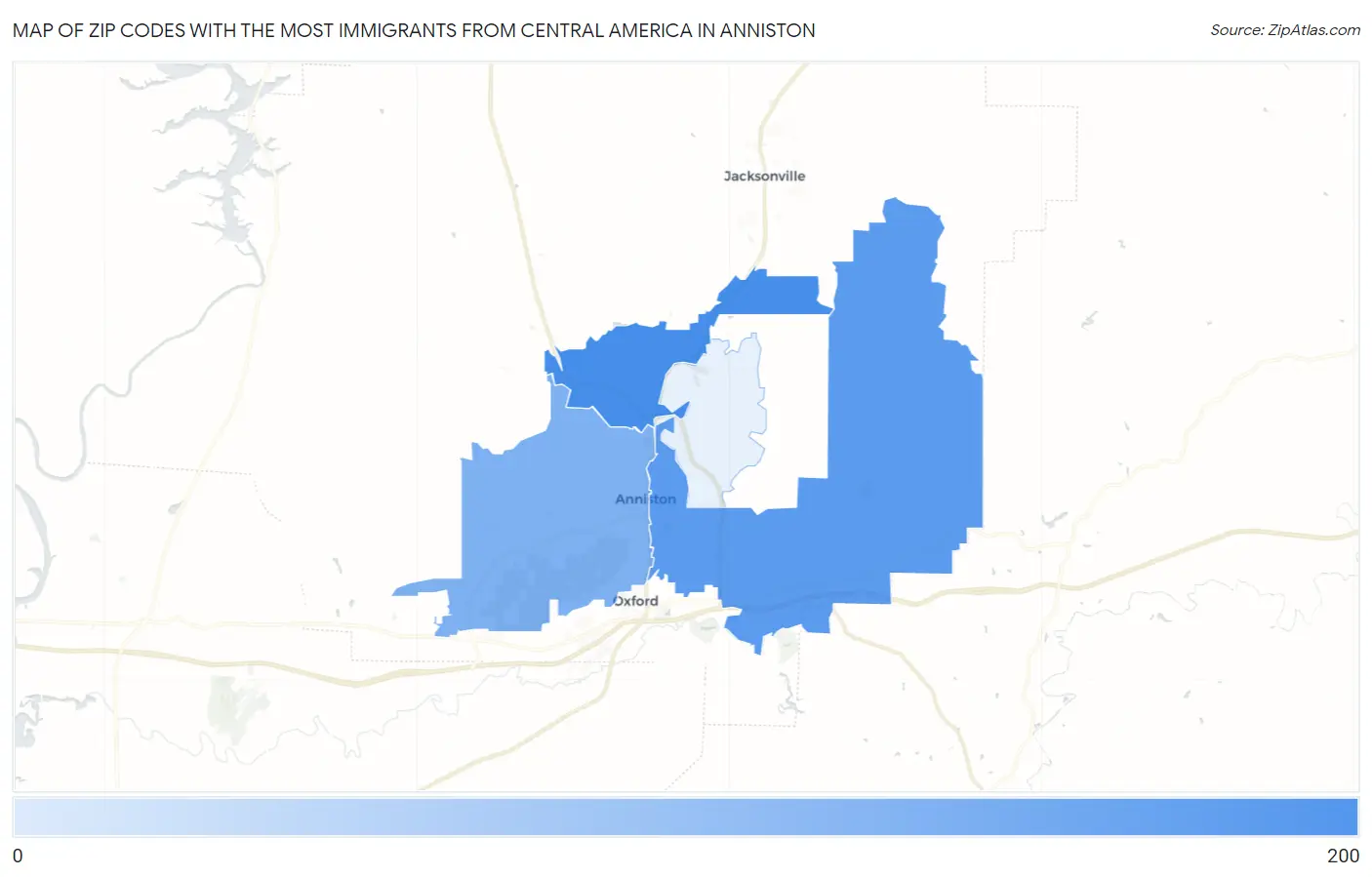 Zip Codes with the Most Immigrants from Central America in Anniston Map