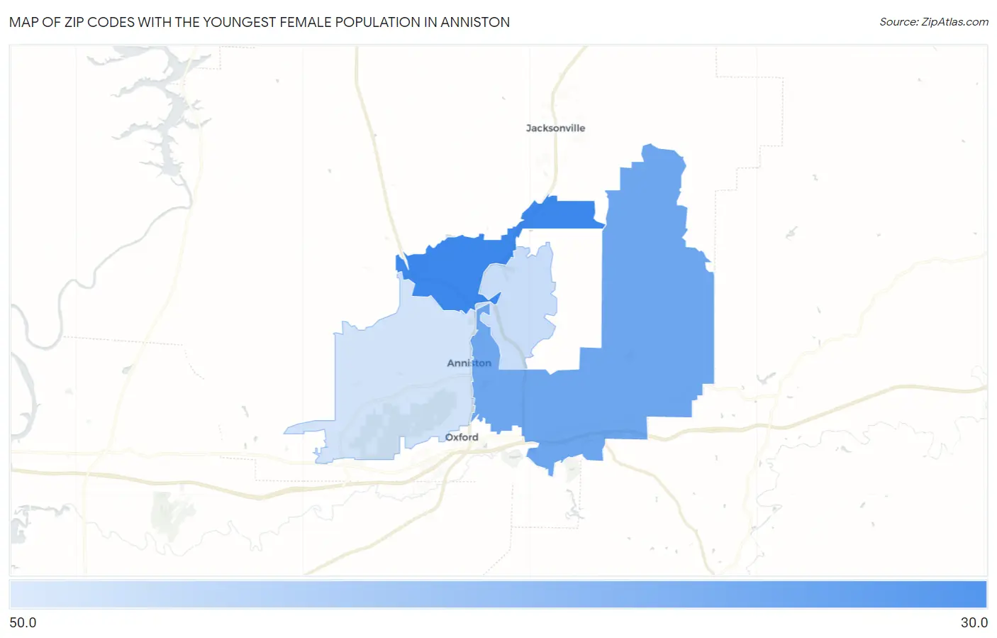 Zip Codes with the Youngest Female Population in Anniston Map