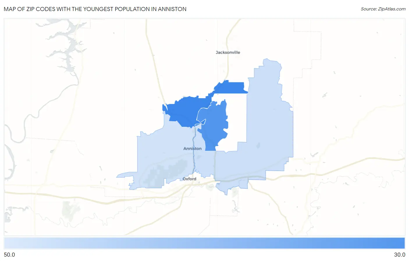 Zip Codes with the Youngest Population in Anniston Map