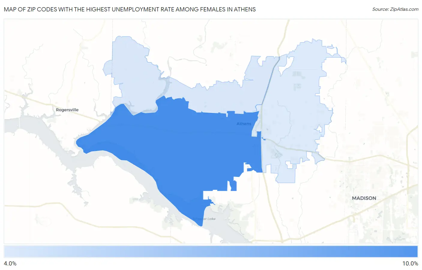 Zip Codes with the Highest Unemployment Rate Among Females in Athens Map