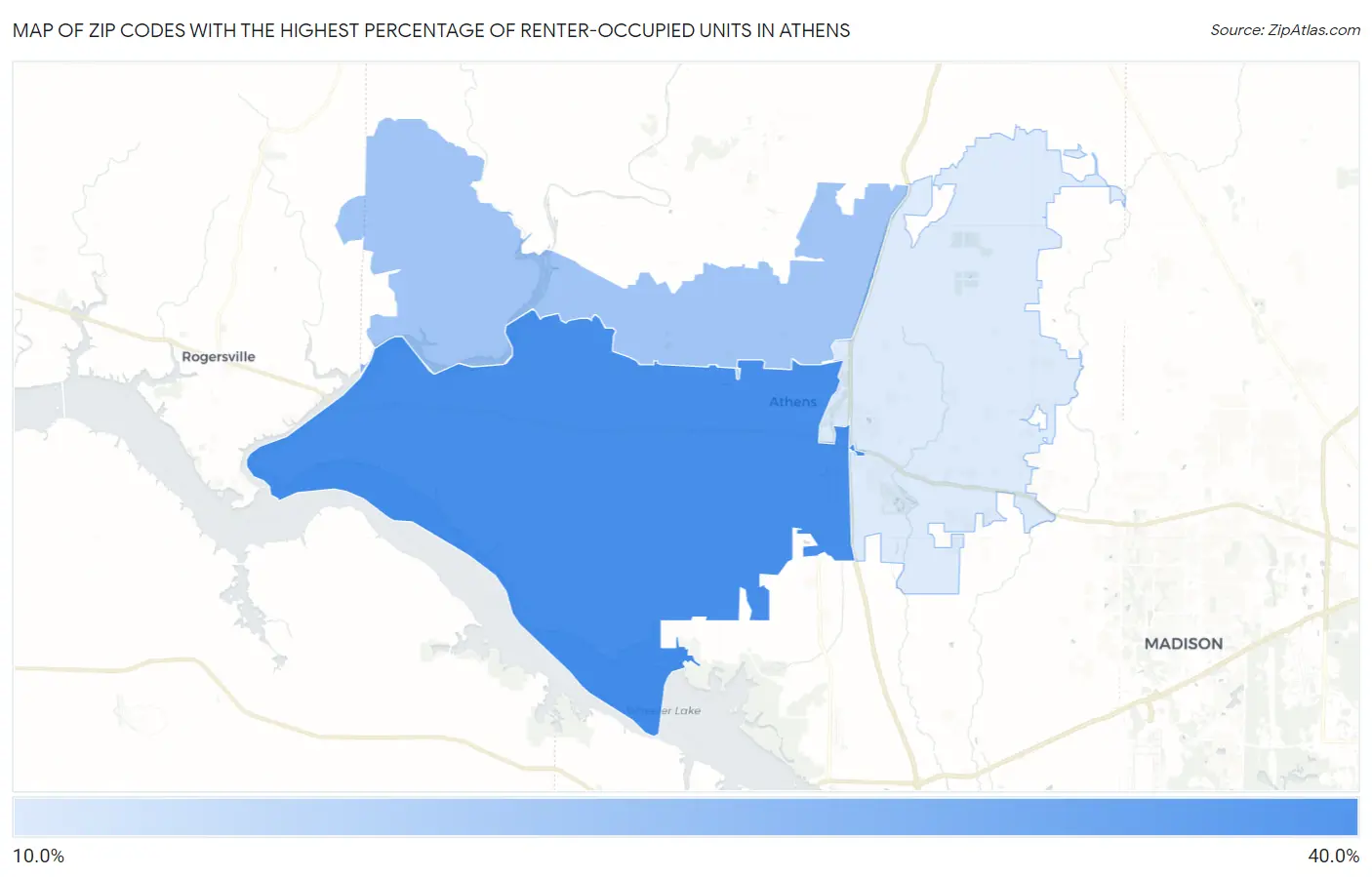 Zip Codes with the Highest Percentage of Renter-Occupied Units in Athens Map