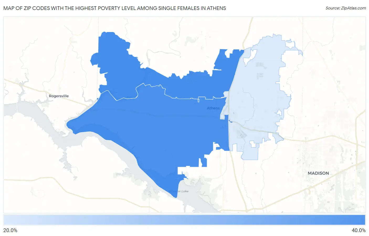 Zip Codes with the Highest Poverty Level Among Single Females in Athens Map