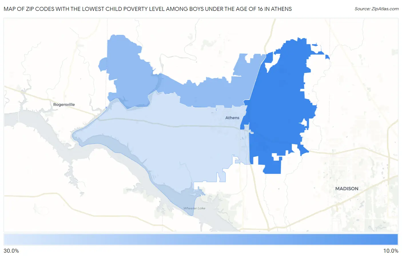 Zip Codes with the Lowest Child Poverty Level Among Boys Under the Age of 16 in Athens Map